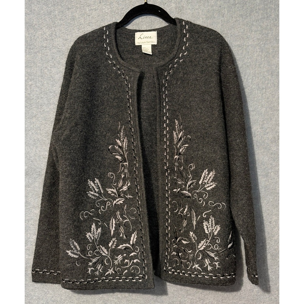 Linea Louis Dell'Olio Wool Cardigan M Gray Floral Embroidered Cottagecore A32601